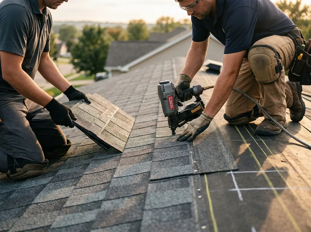 Professional roofer working on a residential roof in San Carlos Park